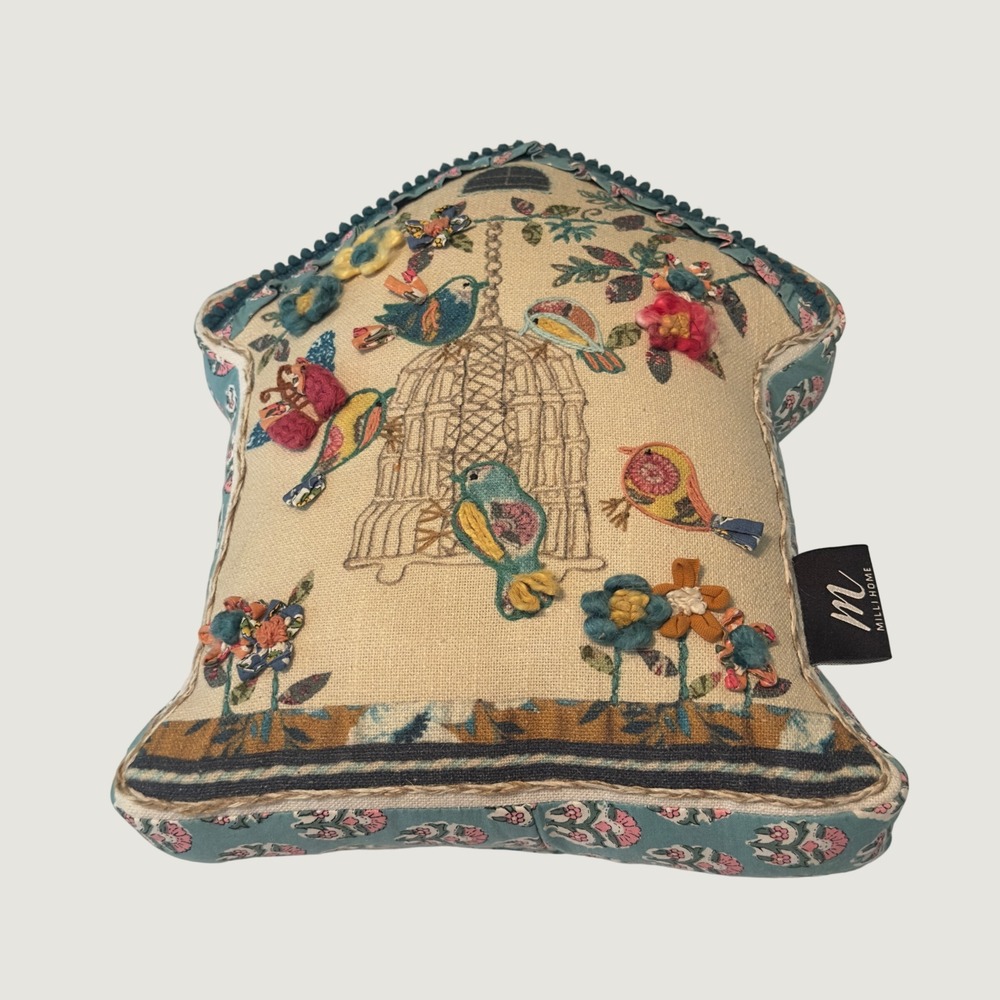 Milli Home Birdcage Embroidered House Shaped Accent Pillow Teal Floral Pom Trim